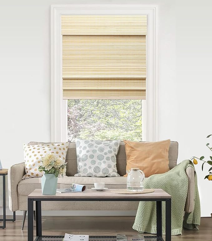 LazBlinds Cordless Bamboo Roman Shades for Windows, 26'' W x 60'' H | Protecting Privacy, Real Natural Bamboo Material, Bamboo Blinds for Bedroom Living Room Office Indoor