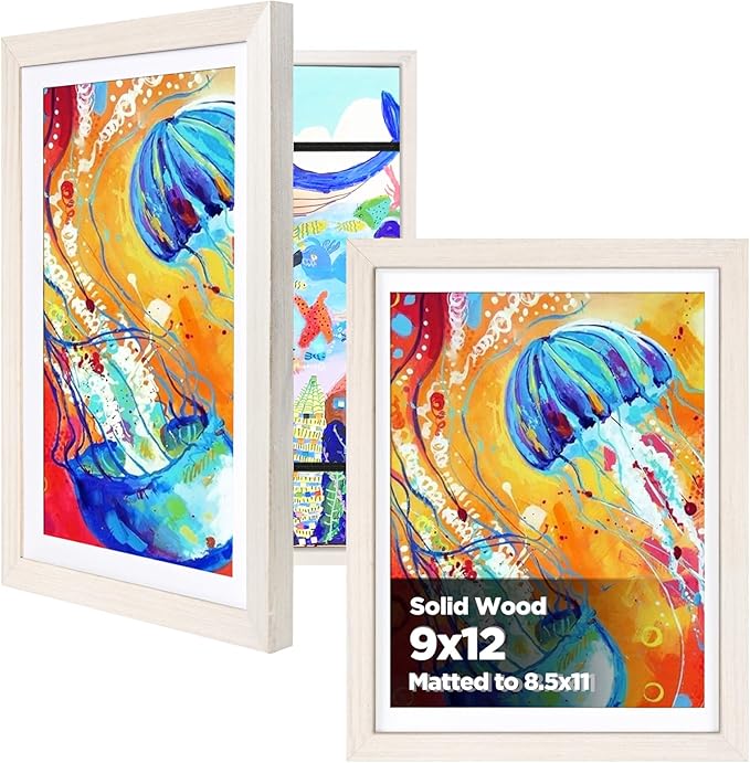 KINLINK 9x12 Kids Art Frame Set of 2, Solid Wood Kids Artwork Frames Changeable with Front Opening Hold 150 Pictures, Art Frames for Kids Art with Mat，without Mat 9x12 Picture Frame White Wood