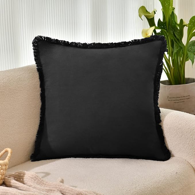 ZWJD Pillow Covers 26x26 Set of 2 Black Throw Pillow Covers with Fringe Chic Cotton Decorative Pillows Square Cushion Covers for Sofa Couch Bed Living Room Farmhouse Boho Decor