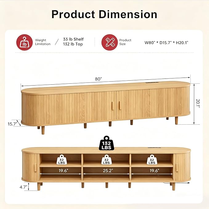 80" Mid Century Modern TV Stand, Wood TV Consoles with Sliding Doors and Power Outlet, Entertainment Center with Adjustable Shelves, Fluted TV Stands for Living Room, Oak