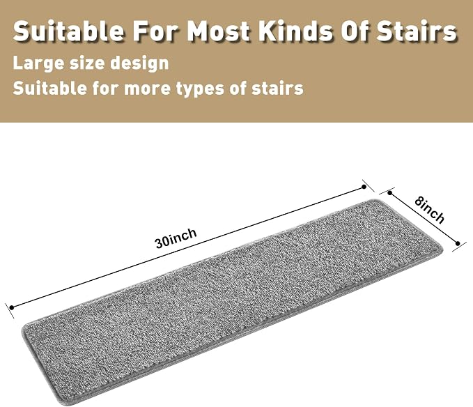 PURE ERA Carpet Stair Treads Tape Free Non Slip Indoor Stair Carpet Stair Protectors Pet-Friendly Non-Slip Skid Resistant Washable Reusable 8" x 30"(2 Pieces,Gray)