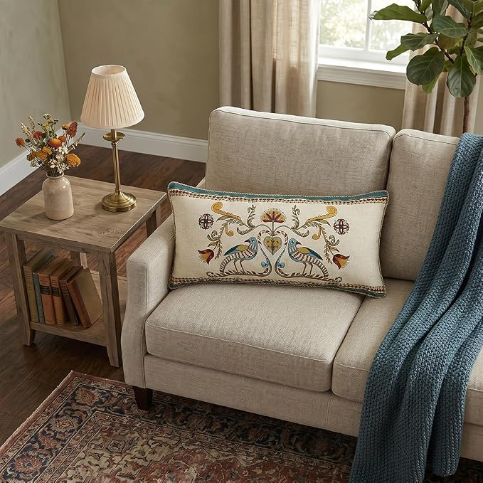 patdrea Designer French Vintage Linen Throw Pillow Cover,12"x28"-Wensel C | RusticDecorative Pillow Case,Bird and Floral Pattern,Cushion Coverfor Couch Living Room Bedroom Sofa