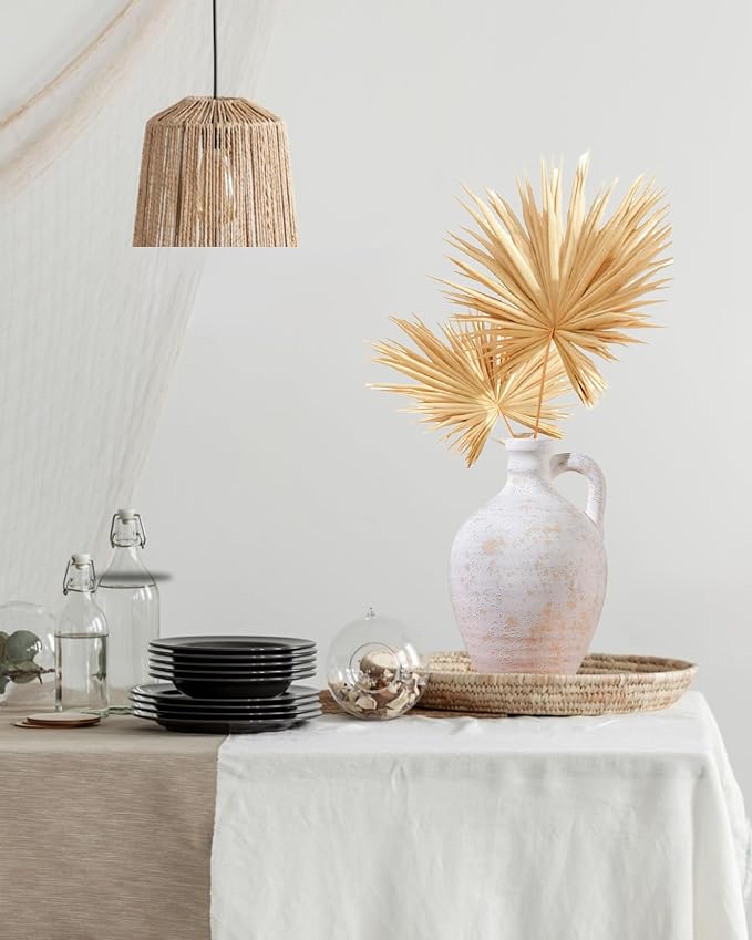 UPWOIGH 9.8in Ceramic Flower Vase with Handles | Off-White Finish, Handcrafted Weathered Texture, Rustic Farmhouse Style, Table Shelf Living Room Décor
