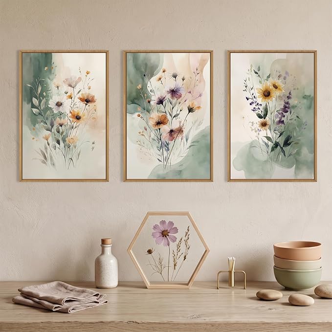 Large Vintage Wildflower Framed Canvas Wall Art,Rustic Watercolor Flowers Wall Decor,Boho Botanical Print,Retro Green Floral Artwork for Living Room,Bedroom,Dining Room -24"x36"x3
