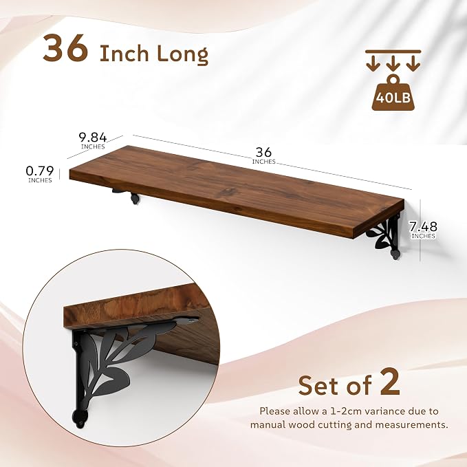 36 Inch 2 Tier Solid Wood Floating Shelves for Wall with Metal Brackets | 36 inch solid pine shelves, 2 tier, walnut finish, metal brackets for books, decor and home storage