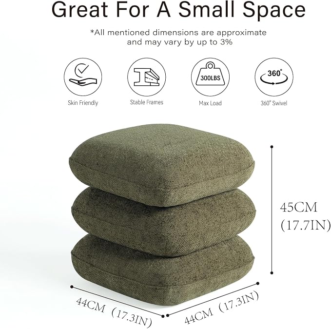 Get Set Style 360° Swivel Linen Ottoman, Modern Upholstered Foot Stool, Multifunctional Vanity Chair Accent Stool for Small Space, Living Room, Bedroom, Entryway, Olive Green