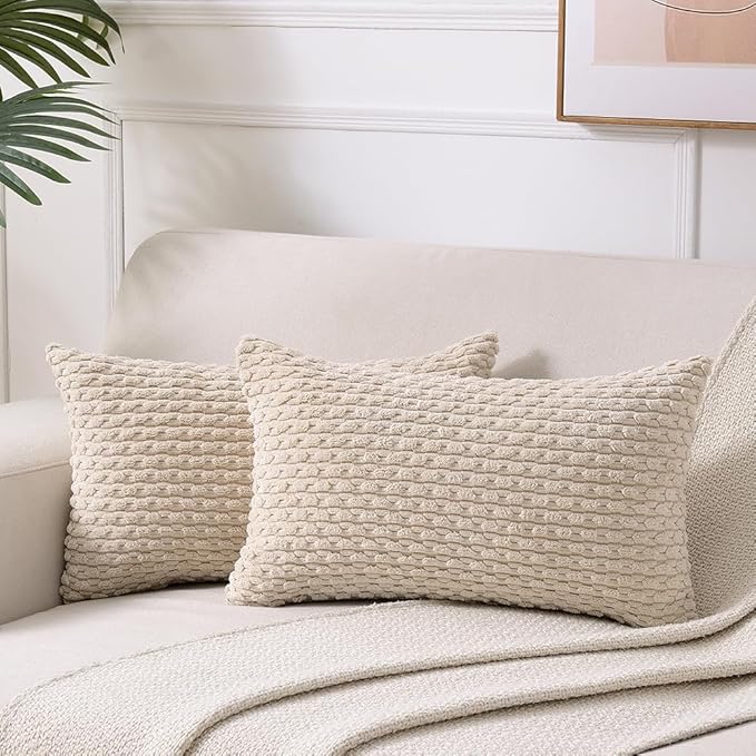Fancy Homi 2 Packs Tan Decorative Throw Pillow Covers 12x20 Inch for Couch Bed Sofa, Modern Farmhouse Boho Home Decor, Soft Cute Plush Corduroy Cushion Case 30x50 CM