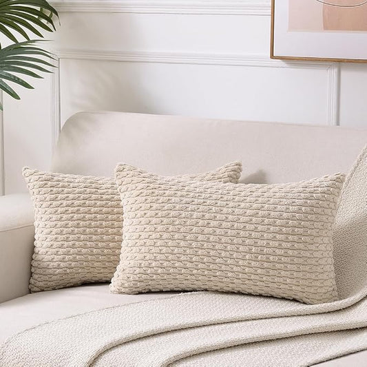 Fancy Homi 2 Packs Tan Decorative Throw Pillow Covers 12x20 Inch for Couch Bed Sofa, Modern Farmhouse Boho Home Decor, Soft Cute Plush Corduroy Cushion Case 30x50 CM