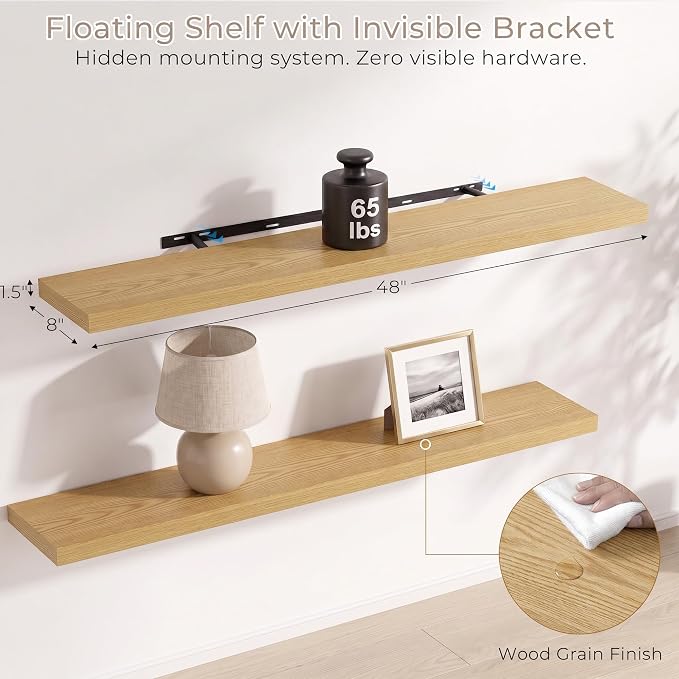 Vivelove Wall Floating Shelves for Display with Invisible Brackets, 48 Inch Floating Shelf for Under TV Over Fireplace Bedroom Living Room Office, 48”X 8”X 1.4", Set of 2 - Oak