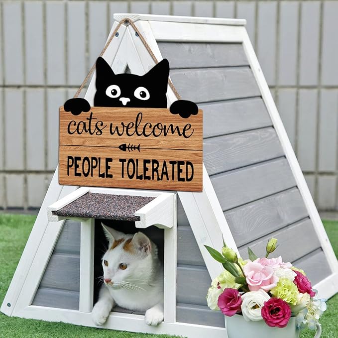 LHIUEM Funny Cat Welcome Sign,Cats Welcome People Tolerated Kitty Kitten Wooden Plaque,10X11 inches Black Cat Wall Decor, Funny wood Sign For Pet Shop Home,Cat Lover Gifts