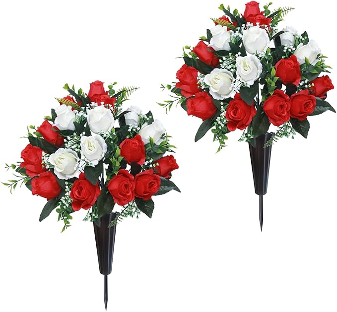 Lodou Set of 2 Artificial Cemetery Flowers, Memorial Flowers Bouquet,Grave Memorial Flowers with Vase for Cemetery Headstones Decoration (Red White)
