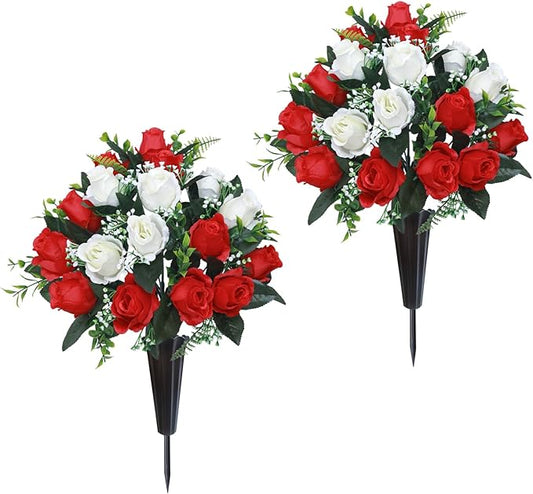 Lodou Set of 2 Artificial Cemetery Flowers, Memorial Flowers Bouquet,Grave Memorial Flowers with Vase for Cemetery Headstones Decoration (Red White)