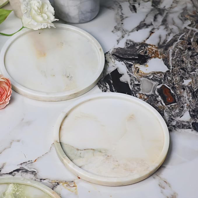 Natural Marble Vanity Tray, Round, 8.3 Inch, with Anti-Slip Pads, for Bathroom, Jewelry, Perfume Display, Coffee Table Decor (Chinese White Marble)