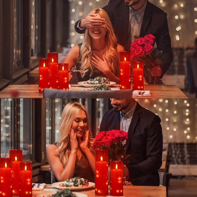 12‑Pack Red Flameless LED Candles(D 2.2" xH 5" 6" 7") with Embedded String Lights,Acrylic Pillar Candles with 2 Remote Timers, Battery‑Operated for Christmas, Halloween & New Year Decor.