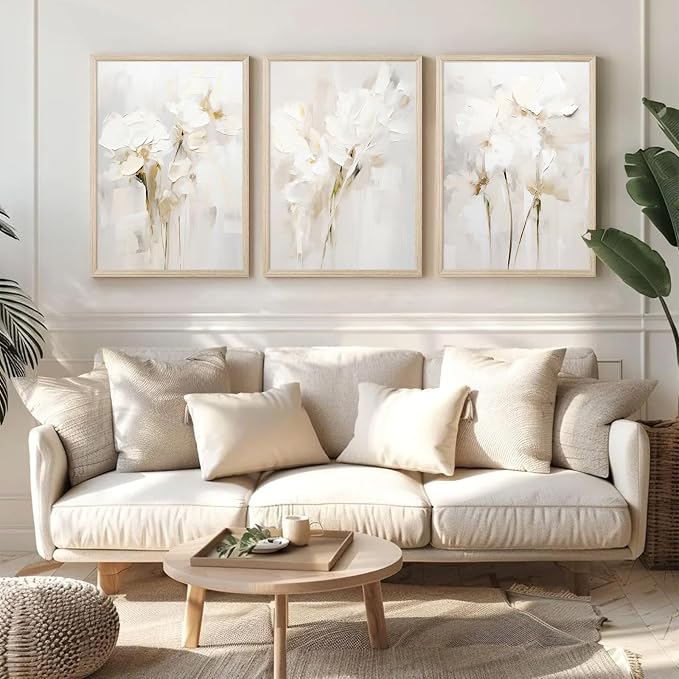 Neutral Wall Art Abstract Floral Canvas Pictures Beige Flower Wall Decor Modern Painting Minimalist Poster Abstract Botanical Prints White Artwork for Bedroom Living Room 12x16x3 Inch Wood Framed