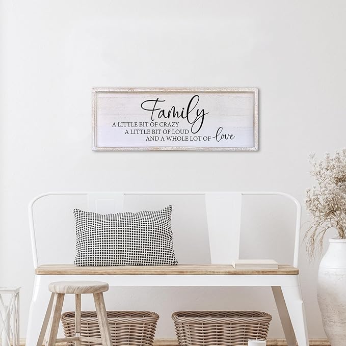 Family A Little Bit Of Crazy Sign Wall Decor 40"×15" Rustic Farmhouse Living Room Large Soild Wood Framed Hallway Hanging Sign Aesthetic Inspirational Quotes Entryway Home Wall Art (White)