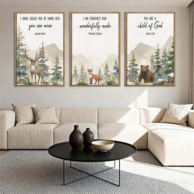 HPNIUB Woodland Animal Christian Framed Wall Art Set,Bible Verse Quote Wall Decor,Nature Forest Religious Art Print,Misty Forest Deer Bear Fox Artwork for Nursery,Kids Bedroom,Study Room-24"x36"x3
