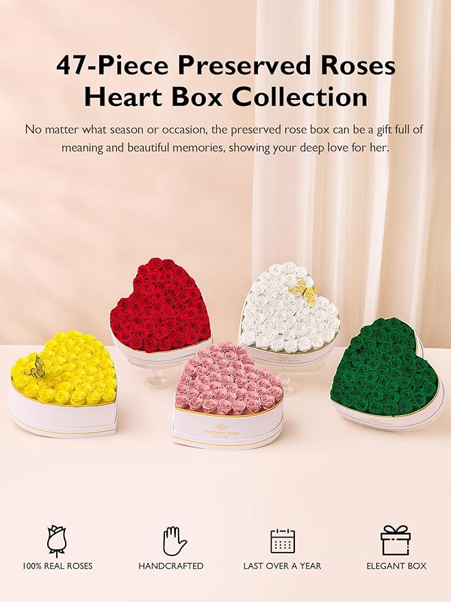 Eterfield 47 Forever Flowers in Heart Shape Box, Preserved Roses that Last a Year Preserved Flowers Birthday Gifts for Her Mom Women Wife Anniversary Valentines Day Mothers Day Christmas, Red