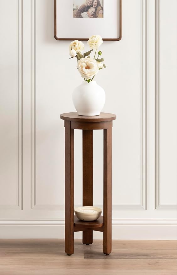 Kate and Laurel Foxford Modern Tiered Round Drink Table, 12 x 12 x 30, Walnut Brown, Transitional Two-Tier Circle Plant Stand for Use as Living Room Pedestal Table or Small Bedroom Nightstand