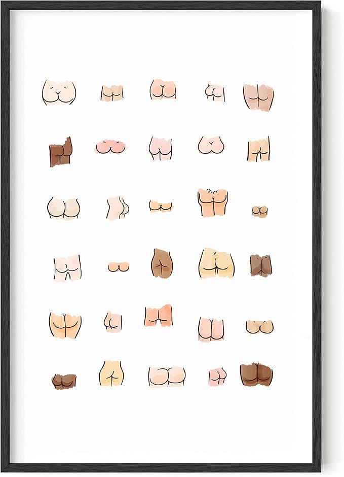 HAUS AND HUES Funny Butts Collage, Cute Bathroom Decor, Bathroom Signs - Framed Black 24"x36"