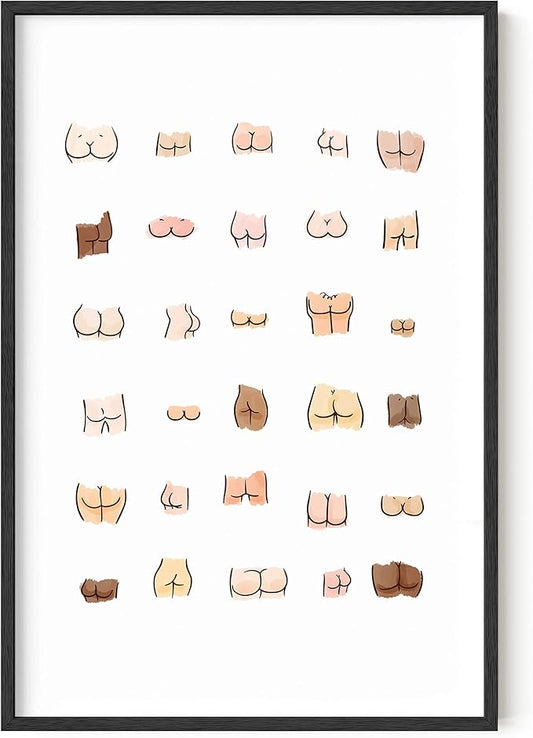 HAUS AND HUES Funny Butts Collage, Cute Bathroom Decor, Bathroom Signs - Framed Black 24"x36"