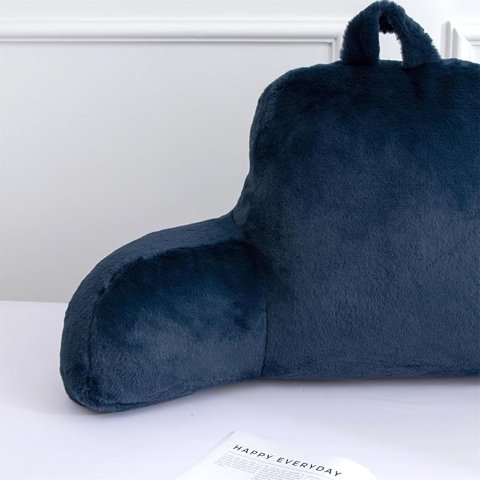 A Nice Night Faux Fur Reading Pillow Bed Wedge Large Adult Children Backrest with Arms Back Support for Sitting Up in Bed / Couch for Bedrest,Navy