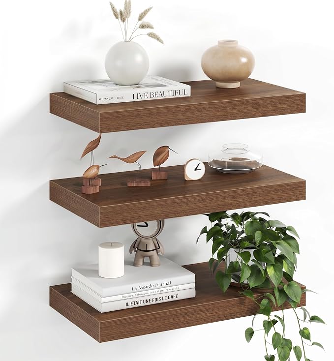 Fun Memories 16Inch Floating Shelves for Wall, 8 Inch Deep Shelves for Bathroom|Bedroom|Kitchen Wall Mounted, Wood Hanging Shelf with Invisible Brackets for Home Storage Decor, Walnut - 3 Pack