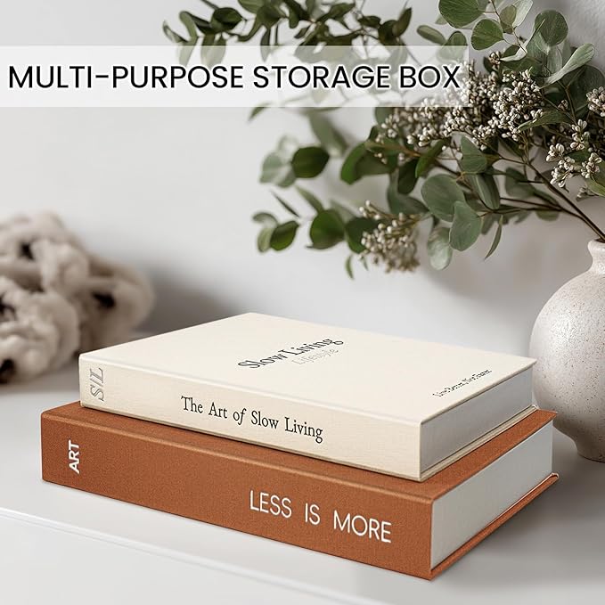 Minimalist Decorative Books - Fake Books Storage Box for Decoration - Set of 2 Linen Coffee Table Decor - Photo Storage Keepsake Box for Room Bookshelf Decor, Brown