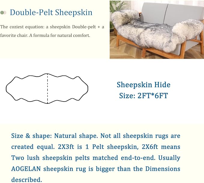 Fluffy Genuine Sheepskin Rug, Fuzzy Shaggy Fur Area Rug for Soft Fur Pray Pup Carpet, Chair Sofa Cover, Bedroom, Living Room, Double Pelt (Wolf Tipped, 2x6ft)