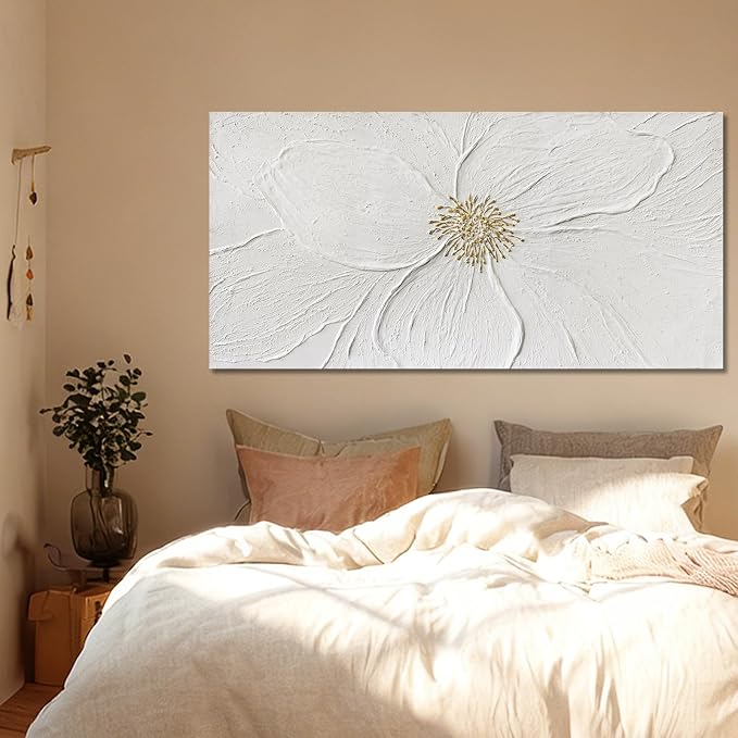 Elegant Floral Abstract Wall Art, Hand Painted Textured Canvas in Soft Ivory and Warm Neutral Tones with Subtle Gold Detail, Modern Wall Decor for Living Room or Bedroom, Ready to Hang, 24×48 Inch