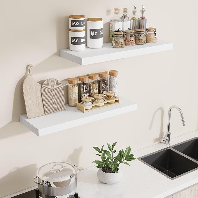 Dreamland 30Inch White Floating Shelves 8" Deep Wall Mounted Set of 2 | Wall shelves for bathroom, bedroom, Living Room, kitchen, deep wall mount wood storage display for home decor 30" x 8"