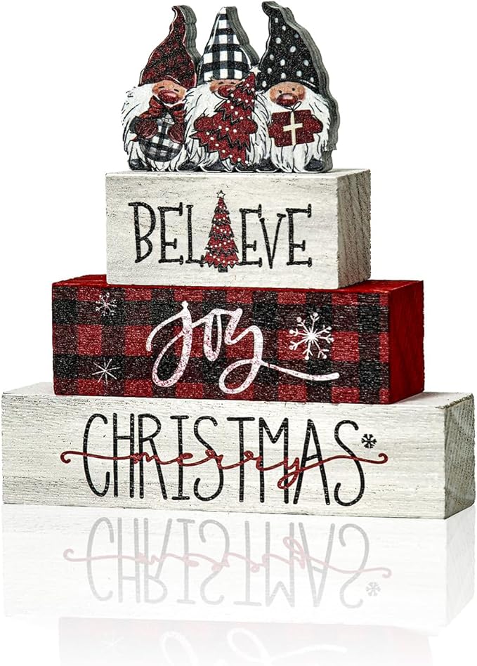 Smile 4 Pcs Christmas Indoor Decoration Wooden Sign, Tabletop Decor Gnome Believe Joy Christmas, Ornaments for Home Shelf Mantel Fireplace.