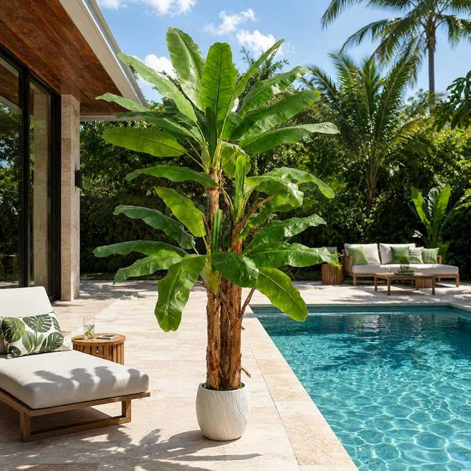 8FT Artificial Banana Tree Faux Banana Leaf Plant Artificial Tropical Tree Outdoor Large Faux Plants Indoor Fake Tree for Patio Balcony Garden Living Room Office Decor (with Faux Moss)