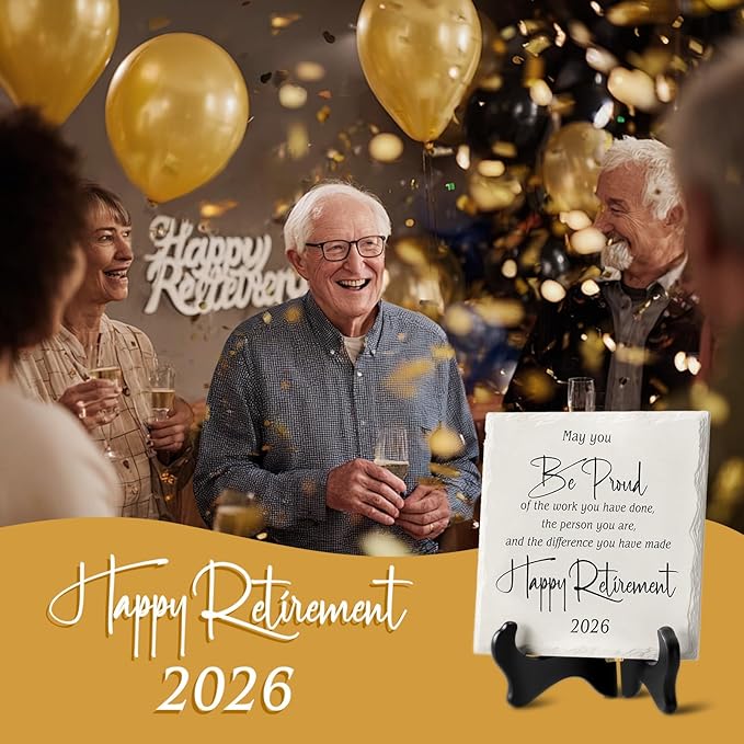 LukieJac Retirement Gifts for Women Men 2026 Retirement Party Decoration Best Ceramic Retirement Plaque 6"*6" Happy Retirement Table Decorations Sign for Teacher Nurses Coworker