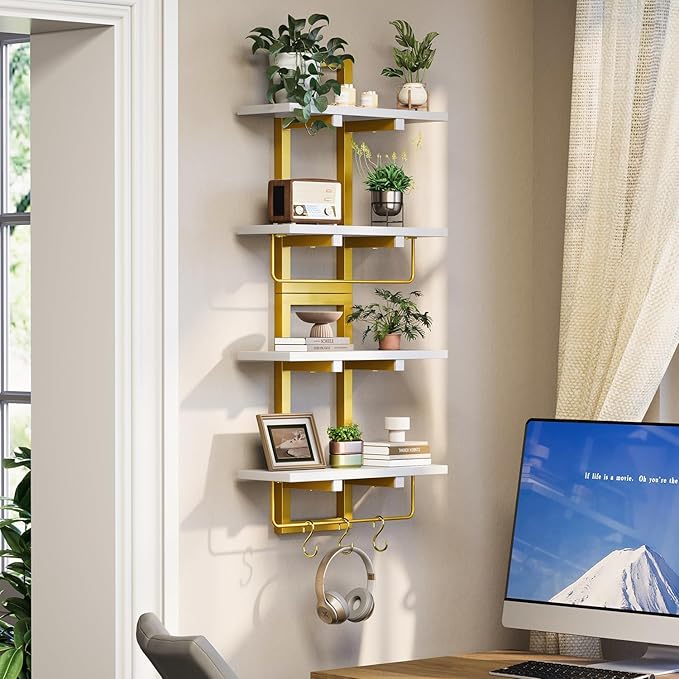 Creso hom Floating Shelves, 15" Wall Shelf Set of 2, Hanging Bathroom Shelves 2-Tier, Wall Mounted Storage Shelves, for Living Room Bedroom Bathroom Kitchen Office Coffee Bar, White and Gold
