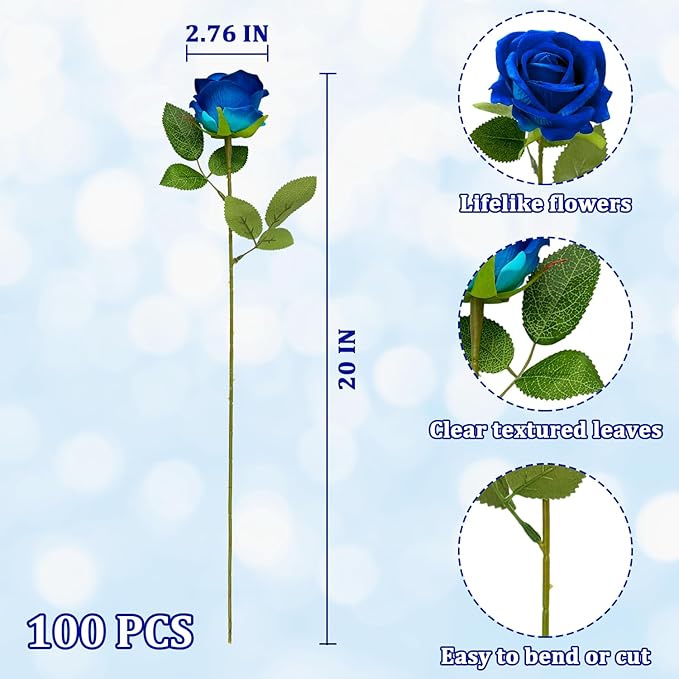 Wondrus Bulk Artificial Flowers 100 PCS, Fake Velvet Silk Blue Roses with Long Stems Realistic Bouquet for Wedding Centerpieces, Faux Arrangement for Home Table Decor