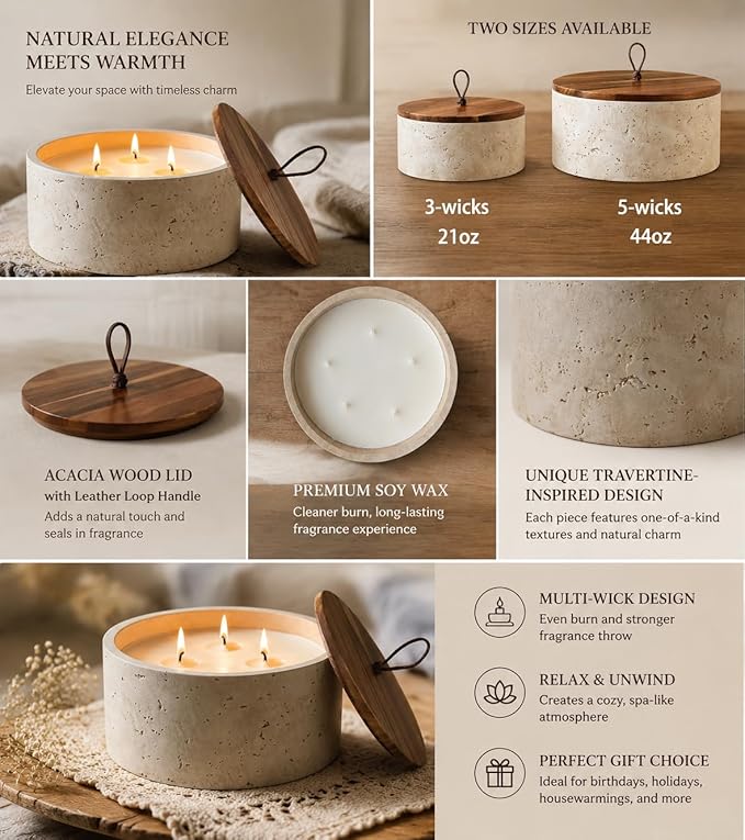 3-Wick Scented Candle-Sea Salt & Bergamot & Coconut,Soy Coconut Wax Blend Candle with Acacia Wood Lid,21oz Large Candle,45-Hour Long Burning,Aromatherapy Candle for Home Decor