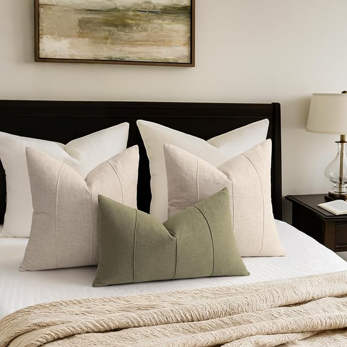 Decorative Linen Throw Pillow Covers 24x24 Set of 2 Solid handcrafted Striped Cushion Covers for Bed Soft Modern Farmhouse Neutral Pillowcase for Couch Bedroom Living Room Home Decor(Natural Beige)