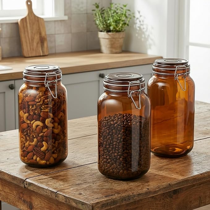 Norme Amber Glass Canisters, Mason Jars, Airtight Food Storage Jars with Clamp Lids for Flour, Sugar, Cereal, Pasta & Pantry Organization (8 Pack,Square,78 oz)