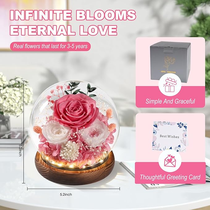 FIACO Gifts for Mom Mother Day Preserved Flowers in Glass Dome Long-Lasting Eternal Rose Birthday Gifts for Women Grandma Wife Sister Girlfriend Pink Flowers for Delivery Prime Anniversary