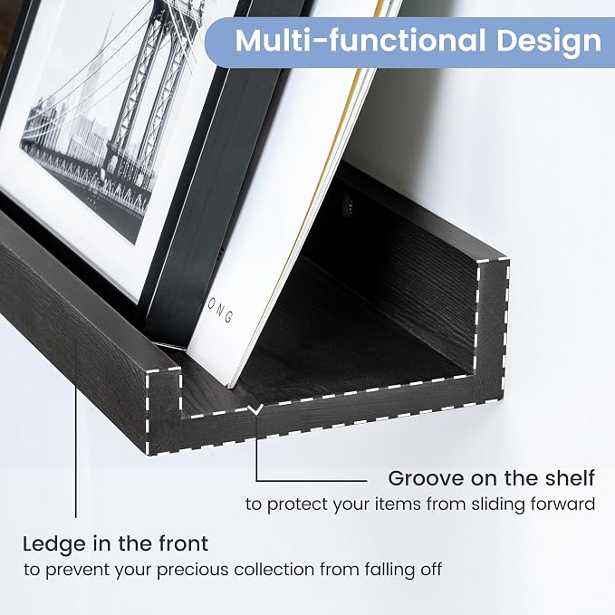 FLYJOE Picture Ledge Shelf, Floating Shelves Set of 2, Solid Pine Wood 72'' Long Large Nursery Book Shelves for Toys Storage, Kids Bookshelf for Living Room Bedroom Decor Books Photo Frames, Black