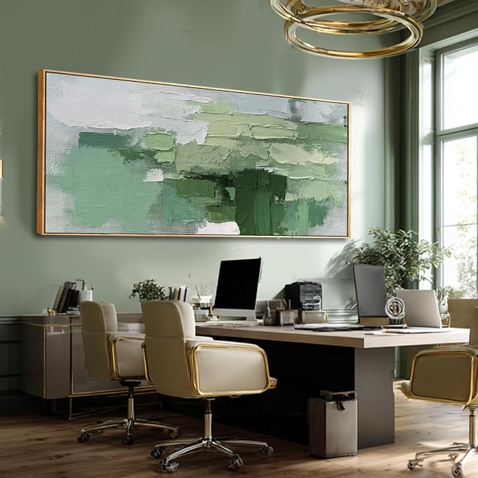 Green Hand-painted Abstract Canvas Wall Art, 32x70 Inch Framed Horizontal Artwork with Layered Green Tones for Living Room Decor