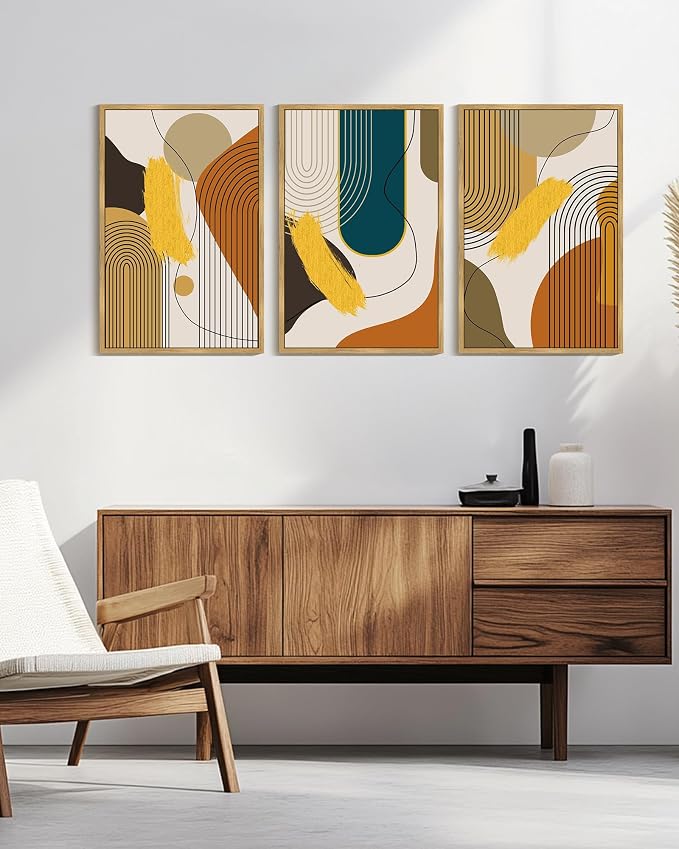 PHOPAGO Boho Abstract Framed Wall Art Large 24x36in Mid-Century Modern Bohemain Minimalist Luxury Gold Line Artwork Hallway Bedroom Decor - Natural Framed
