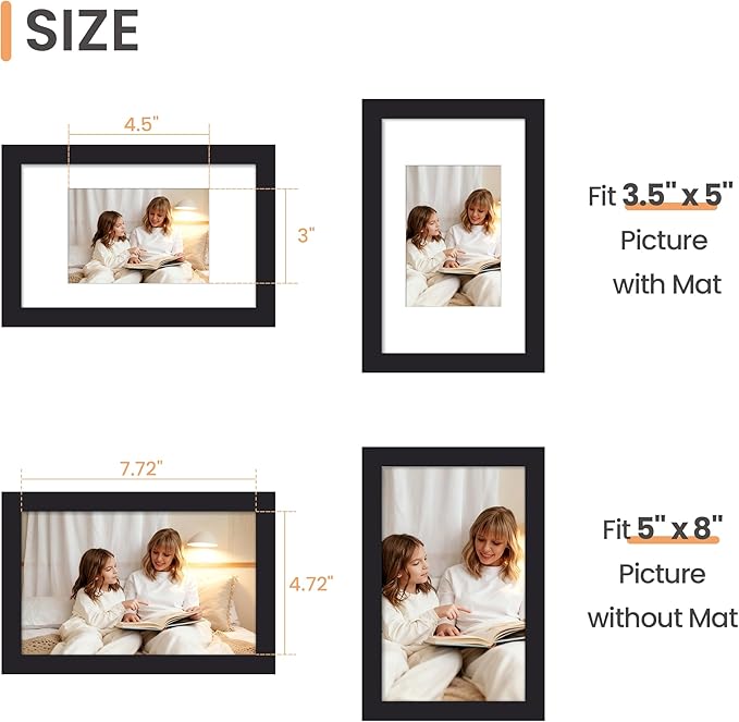 upsimples 5x8 Picture Frame, Display Pictures 3.5x5 with Mat or 5x8 Without, Wall Hanging Photo Frame, Black, 1 Pack