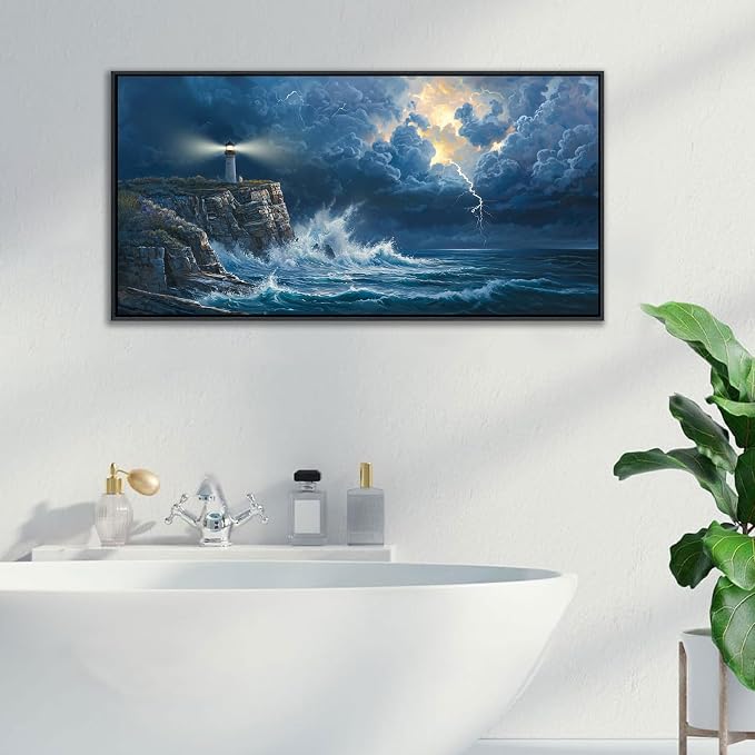 Coastal Wall Art Framed Ocean Canvas Painting Navy Blue Picture, Lighthouse Artwork for Dining Room,Living Room,Bedroom Decoration Can be Hung Directly Size 20x40 Inches