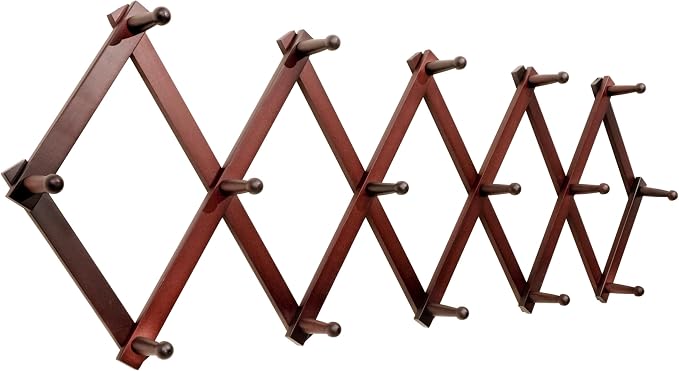 SKOLOO Accordion Wall Hanger with 16 Hooks, Modern Expandable Coat Rack Hat Rack for Wall, Solid Wooden, Cherry Red