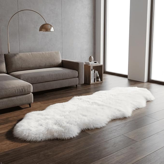 Premium Genuine Sheepskin Rug, Fuzzy Fluffy Shaggy Fur Wool Area Carpet for Soft Fur Pray Pup Mat,Bedroom,Living Room,Chair Sofa Seat Cover,Ivory White, 2' x 6'