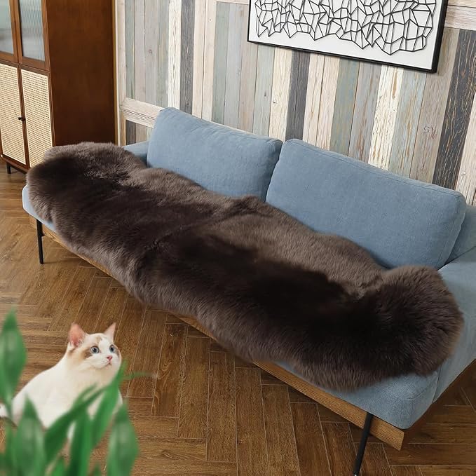 IRIWOOL Premium Genuine Fur Sheepskin Rug Real Australia Sheepskin Natural Luxury Fluffy Lambskin Fur Area Rug Seat Covers for Kids Bedroom Sofa Chair Cover (Dark Walnut, Double Pelt/2ft x 6ft)