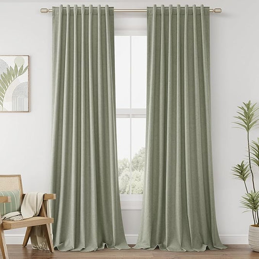 Guken 100% Blackout Linen Curtains 112 Inch Wide by 52 Inch 2 Panels Set for Living Room Bedroom Back Tab Thermal Insulated Black Out Linen Drapes Room Darkening Window Curtains, Sage Green