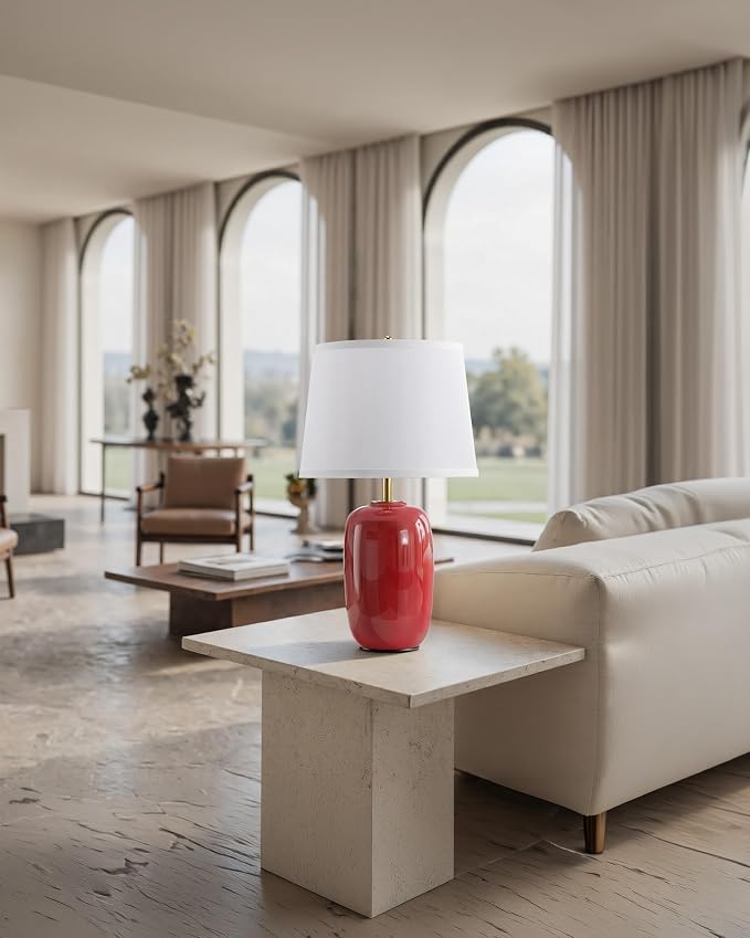 PUSU 22 Inch Red Ceramic Table Lamps Set of 2, Fabric Lampshade Living Room Office Desk lamp, E26 Socket Rotary Switch Lighting for Bedroom, Nightstand, Reading, Office, Study, Corner, Home Decor